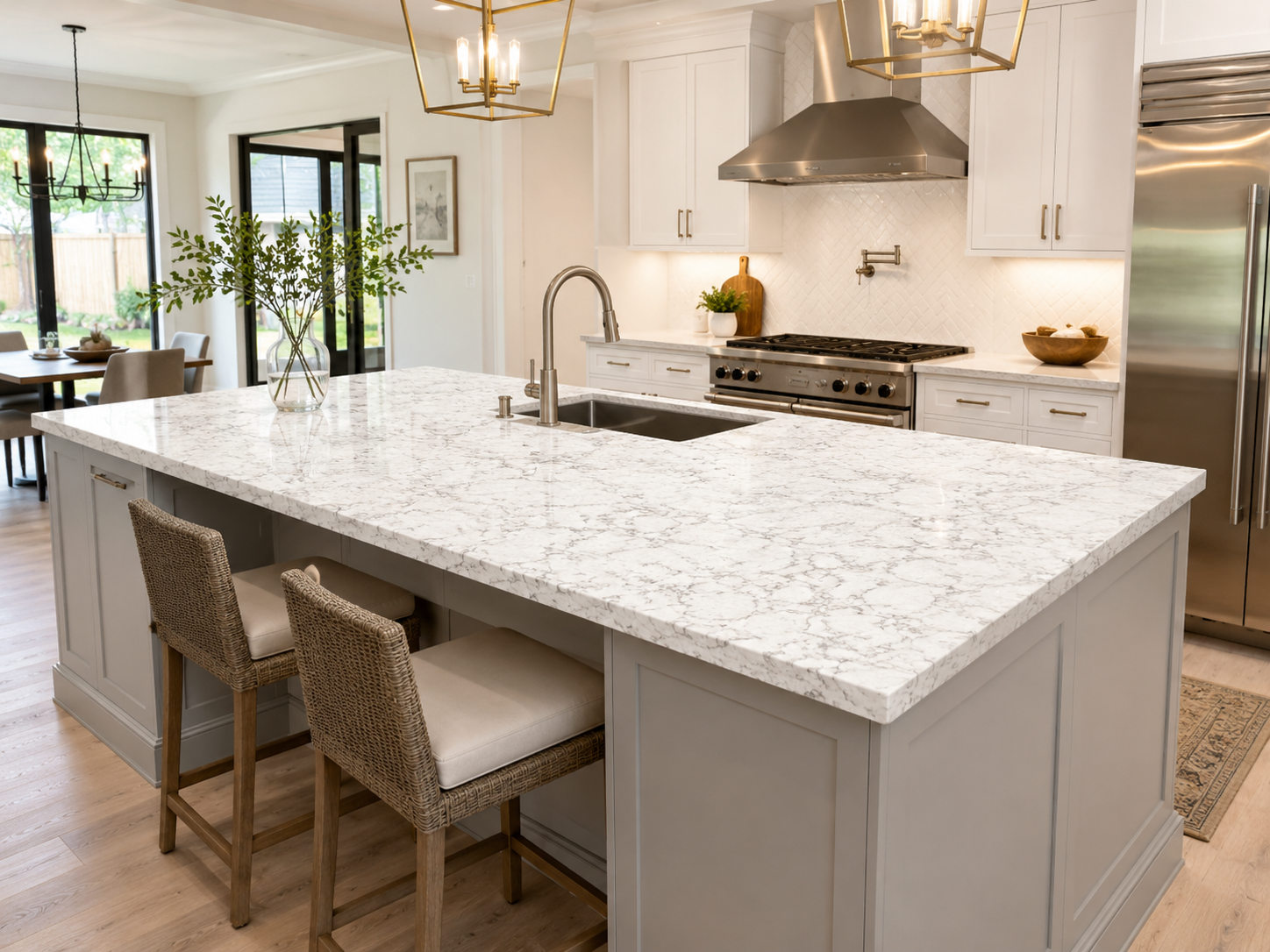 Luxury white quartz countertop island installation in Columbus Ohio kitchen